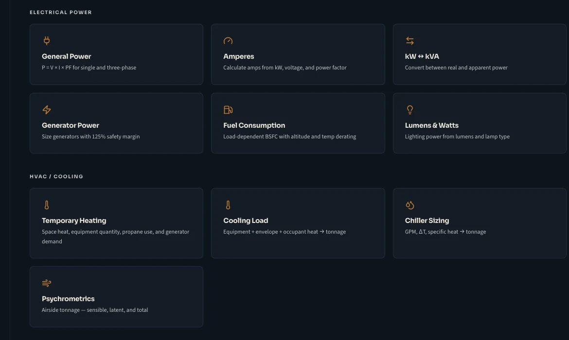 Current EMaaS Pro calculator library showing electrical power, fuel, heating, cooling, chiller, and psychrometric tools